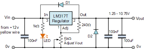 دائرة مصدر جهد قابل للتعديل باستخدام LM317