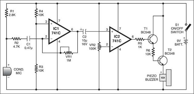 دائرة ماسح وكاشف الاهتزازات والموجات الصوتية باستخدام Op-amp