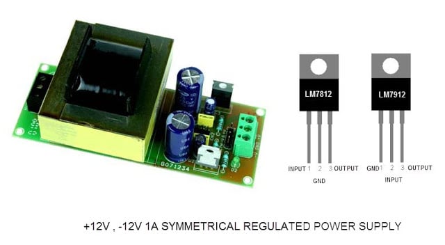 مصدر تغذية بجهد مستمر -12 و+12 فولت باستخدام 7812 و7912